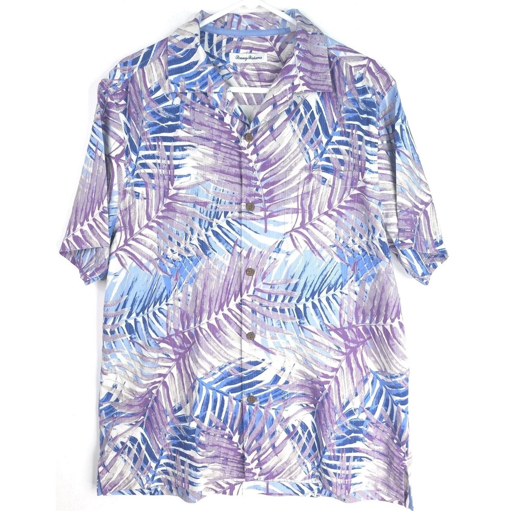 Tommy‎ Bahama Island Zone Men Shirt L Camp Blue Purple Tropical Palm Leaf Button